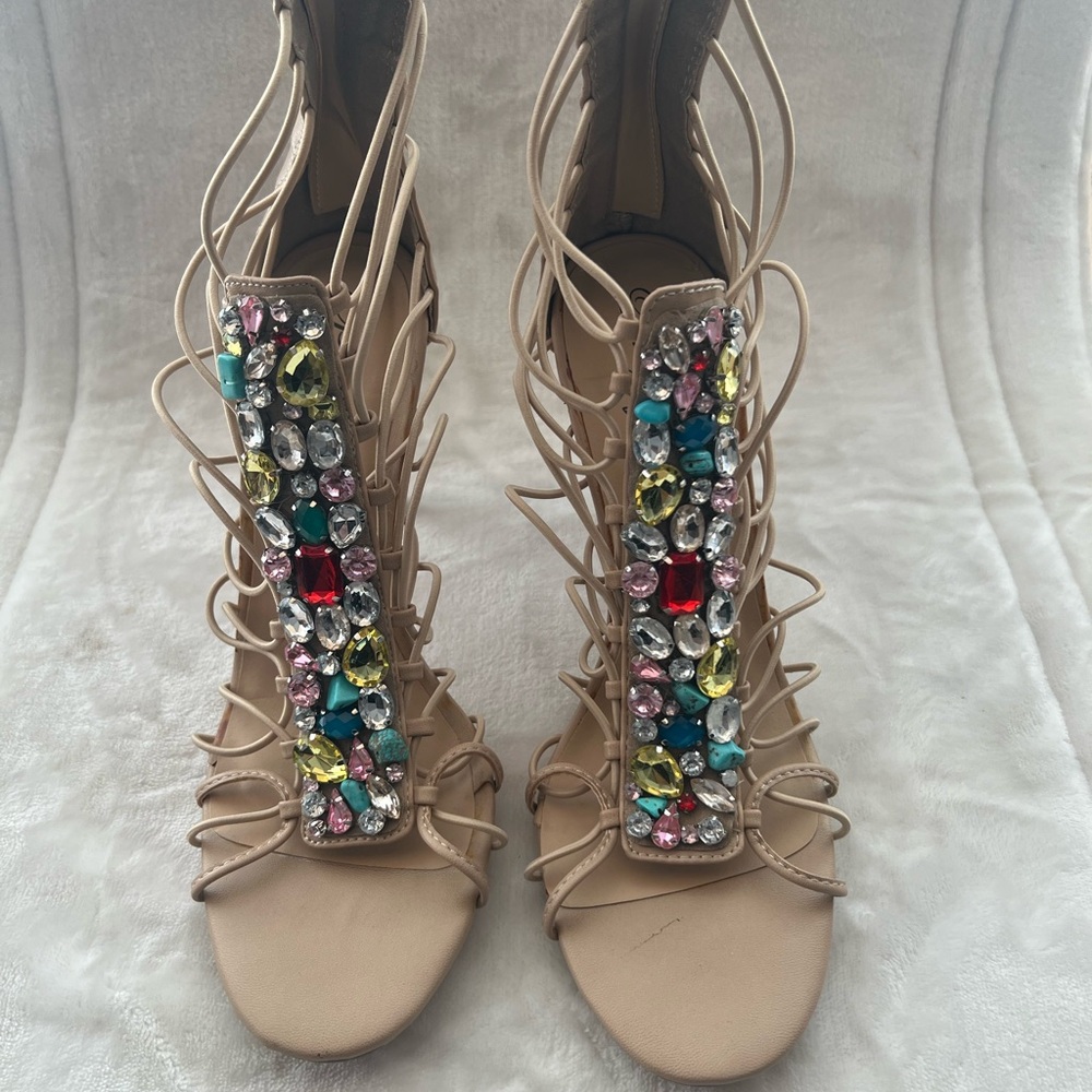 Penny Loves Kenny Beige Strappy Heels with Gem Embellishments